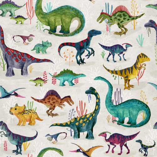 Playful dinosaurs in 3 different color ways scattered across a light floral background, a gentle prehistoric design for children.