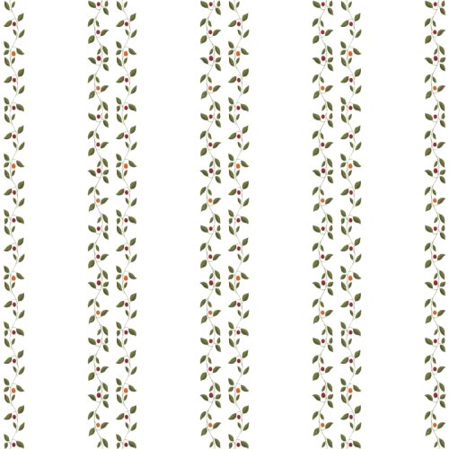Golden Hollow collection, Oak Trail: vertical stripes of delicate trailing vines with tiny leaves and red berries on a white background, a dainty botanical stripe.