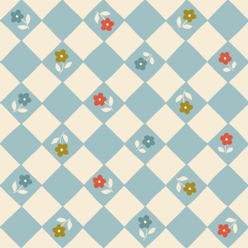 The design features a checkerboard pattern in pale blue and cream, interspersed with small, colorful floral elements.