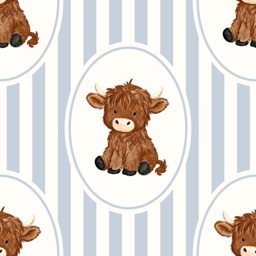 Vintage Highland Cow - linen stripe Blue 
