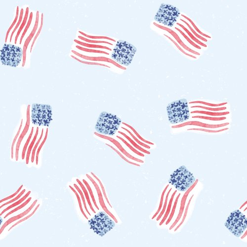 tossed pattern with little hand drawn American flags on a light blue background
