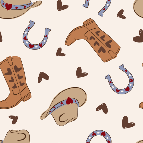 Tossed Cowboy boots, hearts, horseshoe, cowboy hats