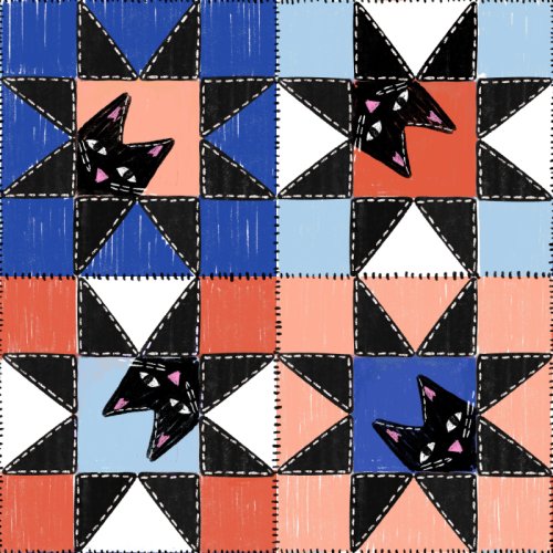 black cats in hand drawn geometric patchwork in blue and orange for halloween