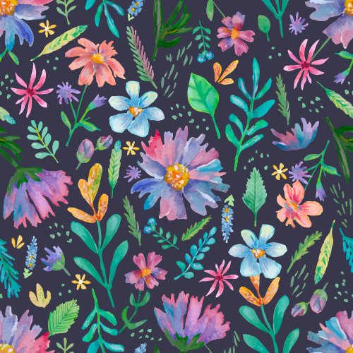 Watercolor floral pattern designs with backgrounds in three colors: pastel pink, pastel aqua teal, and dark navy blue. Vibrant wildflowers are scattered in shades of purple, pink, blue, and yellow, interspersed with green foliage. Each variant showcases a rich texture and variety of hand-painted watercolor illustrations. 