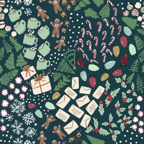 ditsy christmas holiday elements in a whirling full pattern candy canes gingerbread, letters to Santa, mugs of cocoa