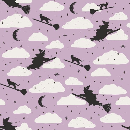 Whimsical witch’s broom fabric pattern – great for playful Halloween decor and fun DIY costumes!