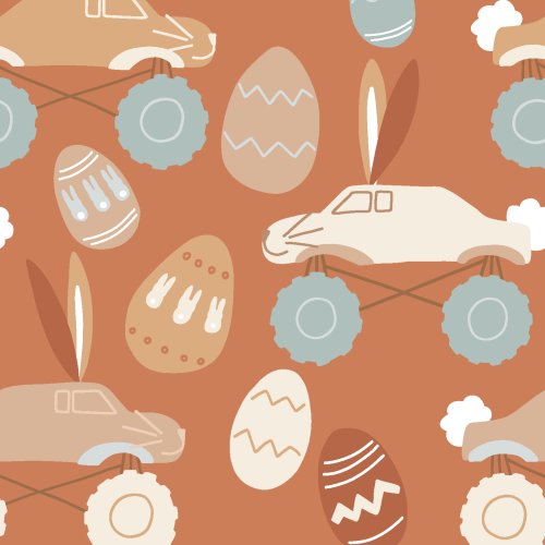 An easter pattern full of monster trucks dressed as easter bunny rabbits and a carrot truck with easter eggs perfect for boy and gender neutral spring