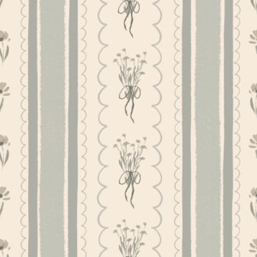 A textured stripe with hand painted floral bouquets and dainty ribbons on a cream background