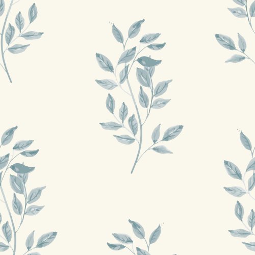 a handpainted watercolor design of cascading leaves in a block print style in two colorways; aqua on cream, and green on green