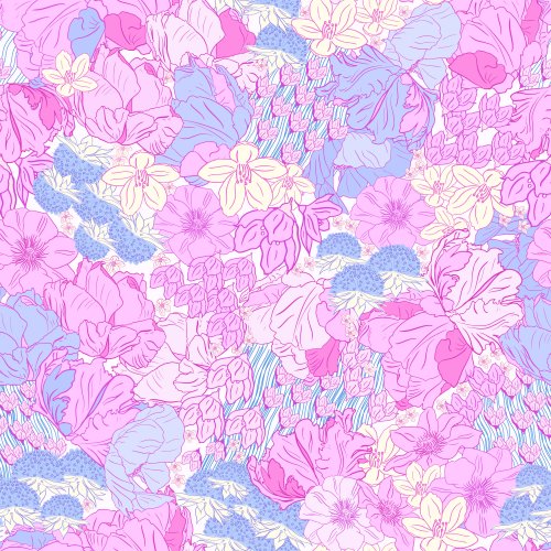 A busy abstract mix of bouncy tulips and other flowers in a retro style