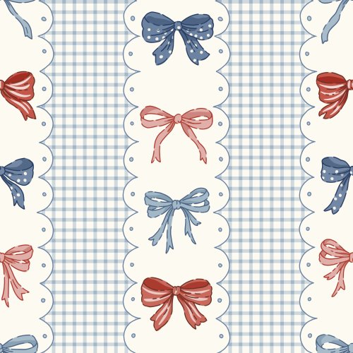 Creamy scalloped columns run in neat vertical stripes, each one decorated with charming ribbon bows in navy, coral pink, and cranberry red. 