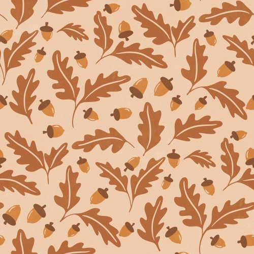 Scattered oak leaves and acorns in warm brown and orange tones on a soft peach background, evoking a woodland autumn feel.