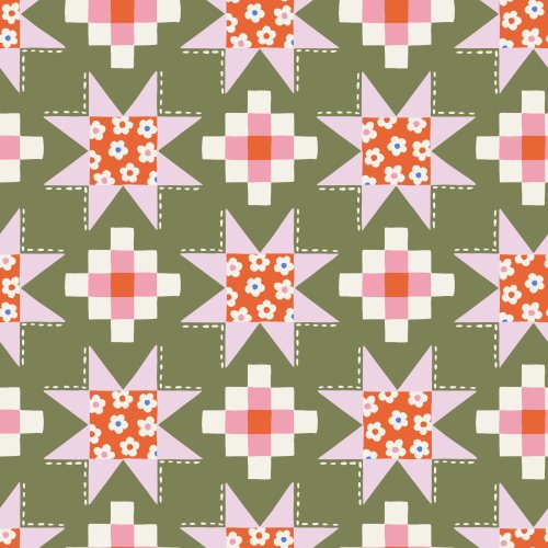 Geometric quilting star pattern with patchwork-style star blocks in moss green, pink, coral, and cream, accented with stitched details for a handcrafted, folk-inspired look.