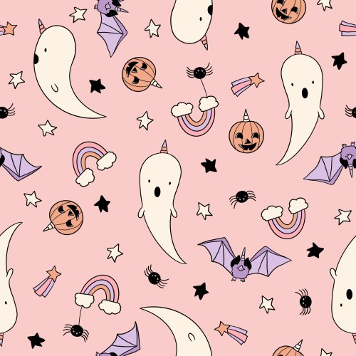 Unighosts by Tylee + Art. Pink background with spooky cute ghosts with unicorn horns.