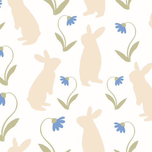 easter design with bunnies and blue flowers on white background