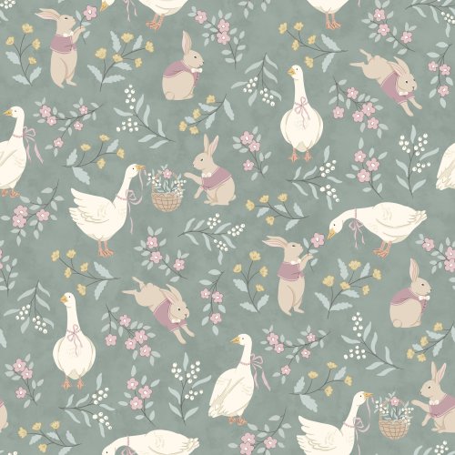 A seamless pattern featuring bunnies and geese among spring meadow flowers on a soft teal background