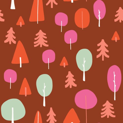 A whimsical forest of deciduous and coniferous trees drawn in a childlike vector style in bold and bright primary colors like navy blue, peach, coral, teal, white, burgundy red, red, golden yellow, gold, pink, blue, and lilac purple, as part of the forest gnomes collection.