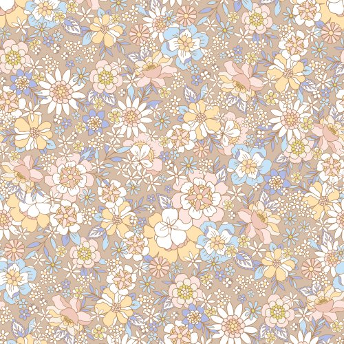 brown floral design with blue, pink and yellow flowers