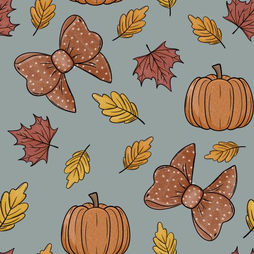 fall floral pumpkins and bows on blue background