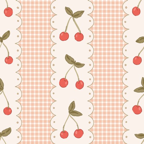 A sweet vertical stripe featuring paired cherry motifs framed by scalloped “ribbon” panels, set against a soft peach-and-cream gingham check.