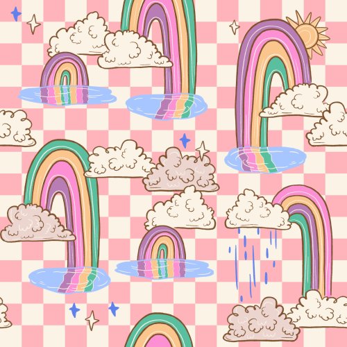 Rainy day puddles with rainbows and a checkered background