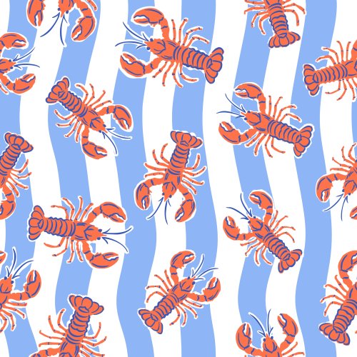 handdrawn lobsters in paprika red with cobalt blue linework on wavy blue and white stripe ground