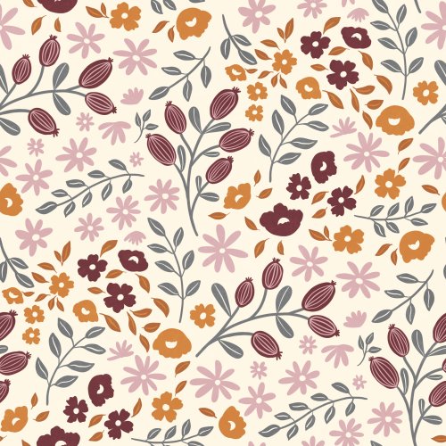 Dense floral repeat with autumnal blooms and seed pods in warm tones of orange, pink, and burgundy, accented with grey leaves on a cream base.