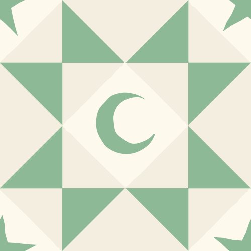 Geometric sawtooth quilt inspired tile with sage green triangles and central crescent moon motif.