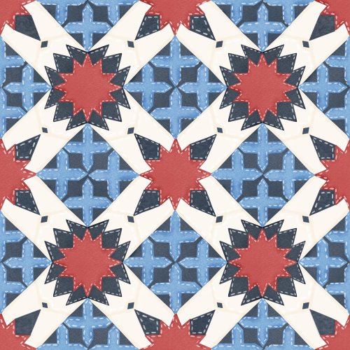 watercolor geometric design that looks like a vintage heritage Americana quilt red white and blue