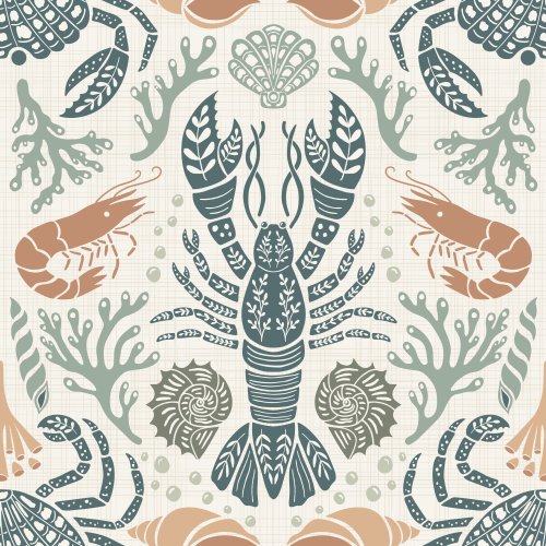 Seamless coastal pattern featuring a central lobster with coral, shells, shrimp and sea plants in a symmetrical folk-inspired layout.