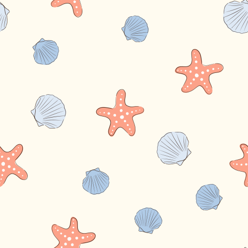 Scattered seashells and starfish 