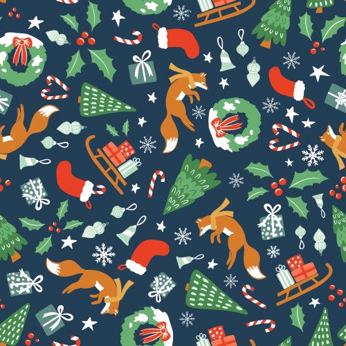 Seamless Christmas pattern featuring foxes, wreaths, candy canes, presents, Santa hats, trees and snowflakes on a navy background.