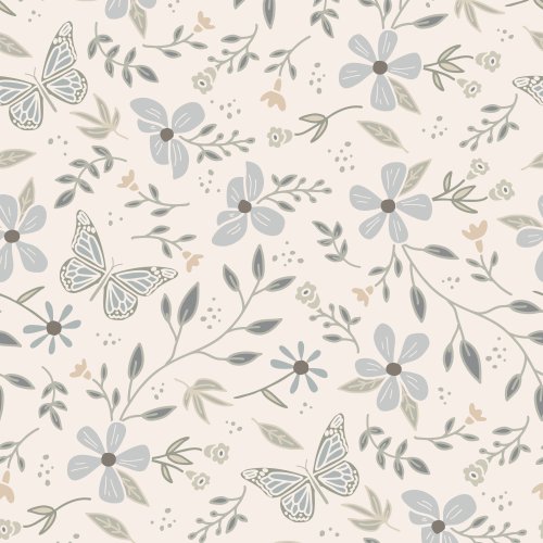 Hand drawn modern florals and butterflies in a soft muted color palette.