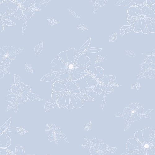 A simple white outline drawing of delicate flowers spaced out on a light blue background