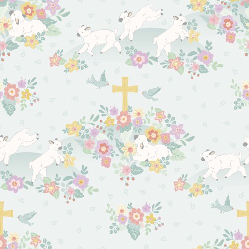Little lambs frolic in a field of spring flowers surrounding a cross.