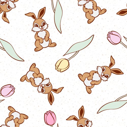 Easter fabric design with brown easter bunny and tulip flowers