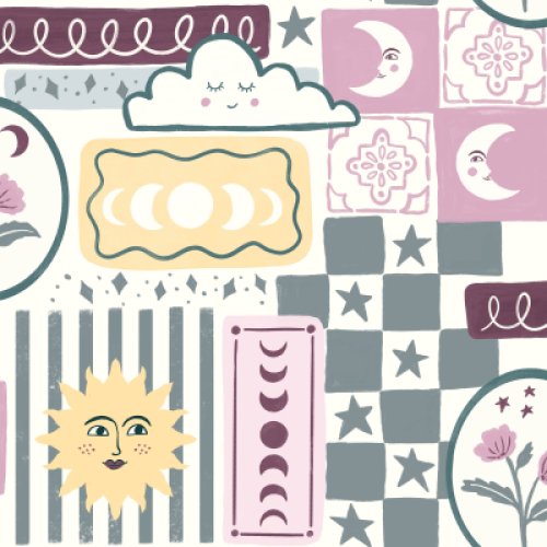 Whimsical celestial patchwork pattern with sleepy moons, smiling suns, clouds, stars, flowers and moon phases in plum, dusty blue, pink and cream.