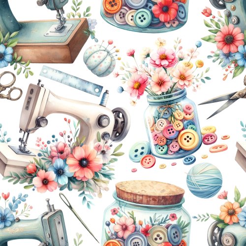 sewing machine, buttons and floral design