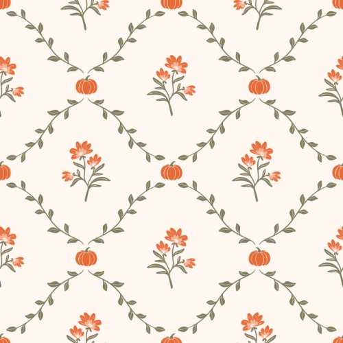 Dainty painted florals and pumpkins in a trellis pattern
