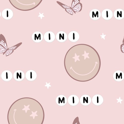 "mini" with smiley faces and butterflies