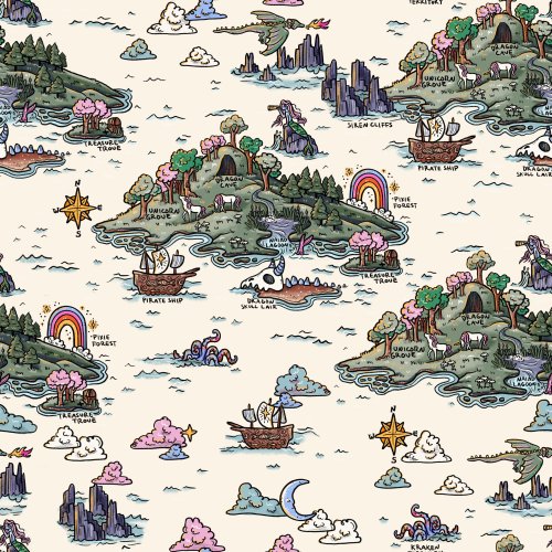 A fairytale map with mermaids, dragons, treasure, and more! Handdrawn by Tylee Hansen.