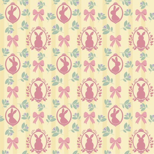 Seamless repeating pattern featuring pink bunny cameos, ribbon bows, and leafy botanical sprigs on a soft yellow striped background.