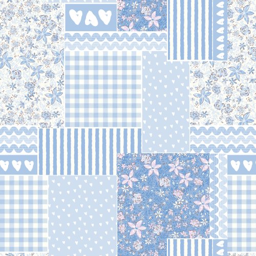 English Country Cottage pathwork floral quilt in soft blue and white