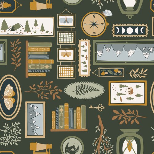 Cabin-inspired seamless pattern featuring framed woodland art, butterflies, books, lanterns, mountains, compasses, botanical branches, and nature-inspired décor in earthy colours.