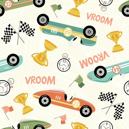 Retro race cars and race day images in a tossed pattern