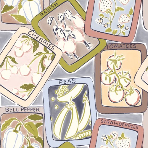 watercolor design with fruit and vegetable seed packets