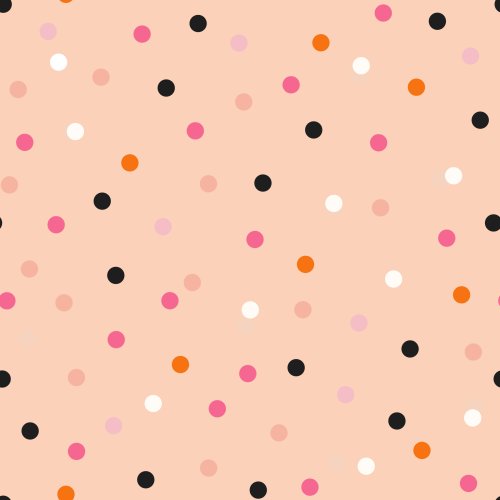 a light peach background covered with random scattered dots in halloween colors of pink orange and black