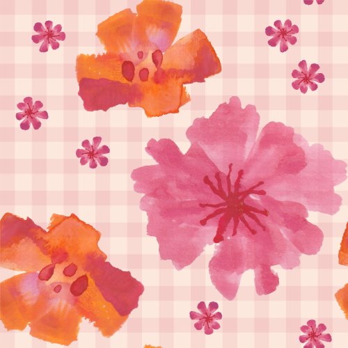 Hand painted watercolor cherry blossom flowers in pink and orange with subtle check background. 