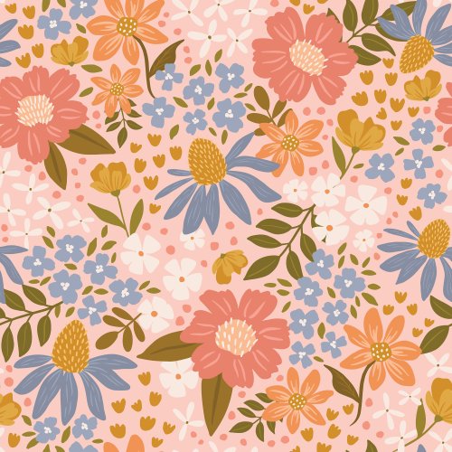 Beautiful floral print in pinks, peaches, blues, greens and golden tones.
