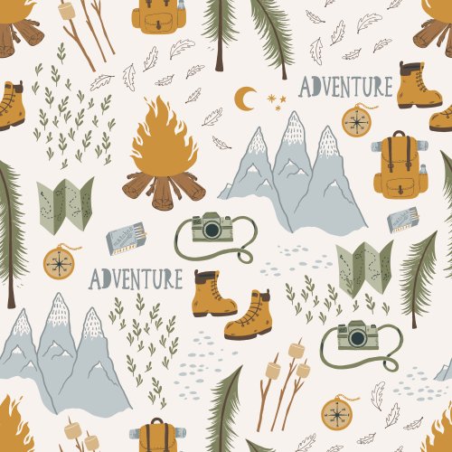 Adventure camping seamless pattern with campfires, mountains, hiking boots, backpacks, pine trees, maps, compasses, cameras, and outdoor icons in earthy muted colours.